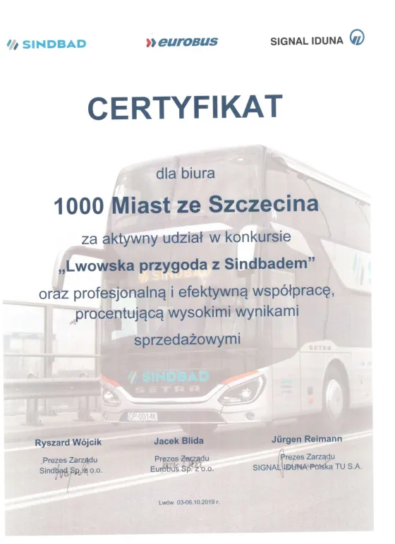 Certyfikat za udział w konkursie „Lwowska przygoda z Sindbadem” — SINDBAD, EUROBUS i SIGNAL IDUNA, 2019