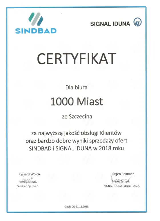 Certyfikat za jakość obsługi klientów — SINDBAD i SIGNAL IDUNA, 2018