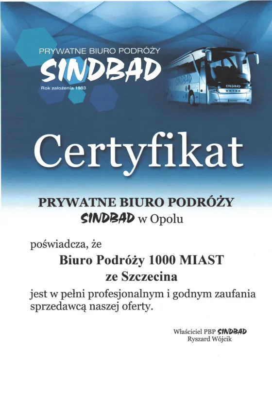 Poświadczenie sprzedawcy oferty — Prywatne Biuro Podróży SINDBAD w Opolu, bez daty